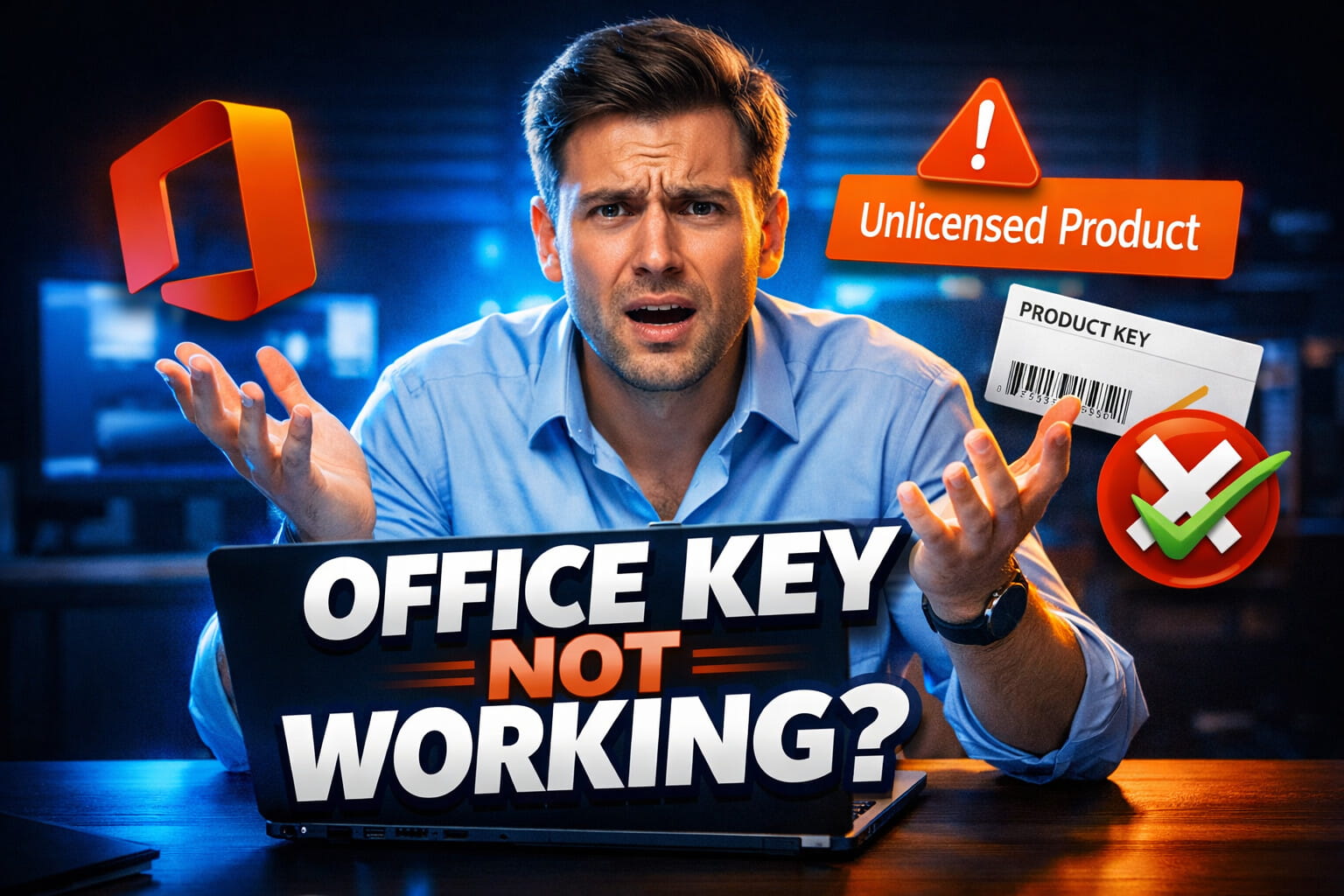 Microsoft Office product key activation error troubleshooting guide showing unlicensed product banner and common error solutions