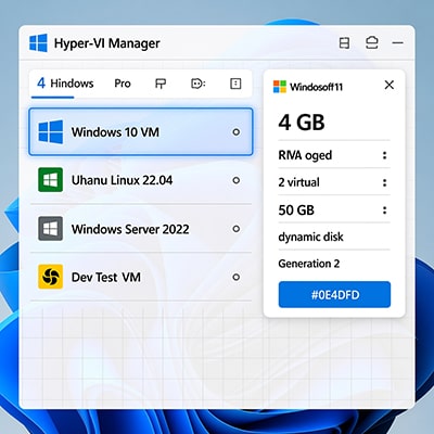 Hyper-V Manager interface showing multiple virtual machines running simultaneously on Windows 11 Pro