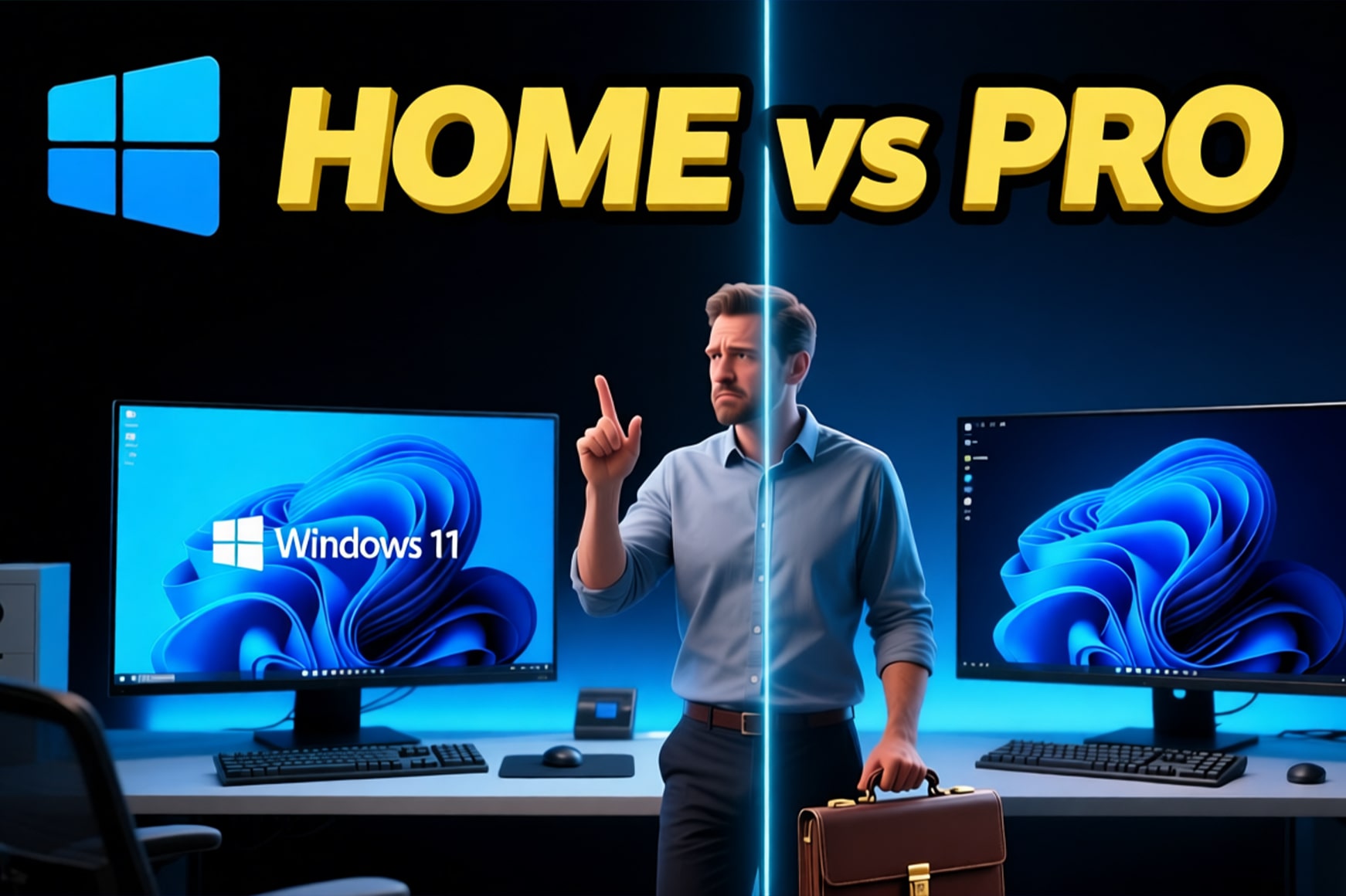 Visual comparison of Windows 11 Home vs Pro editions showing features, pricing, and ideal use cases for each version