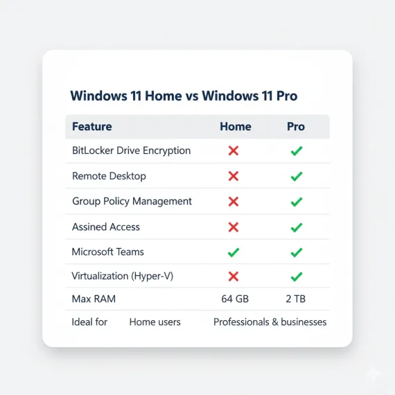 Windows 11 Home vs Windows 11 Pro Comparison Table – Features and Differences